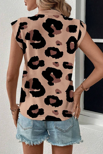 Khaki Leopard Crew Neck Cap Sleeve Casual Tee